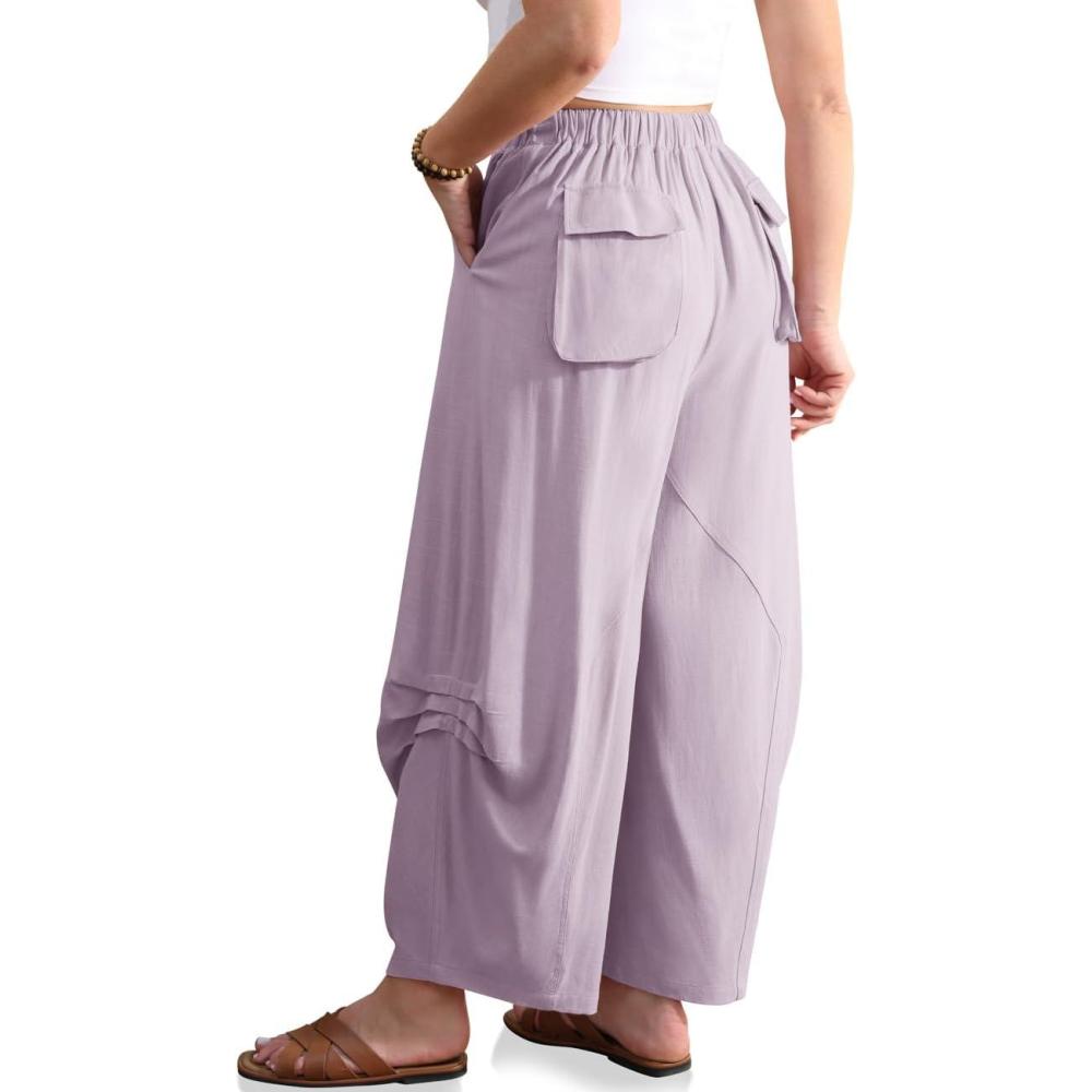 image:imageTARSE Womens Linen Harem Pants Loose Fit Elastic Waist Drawstring Casual Boho Summer Pants with PocketsLight Purple