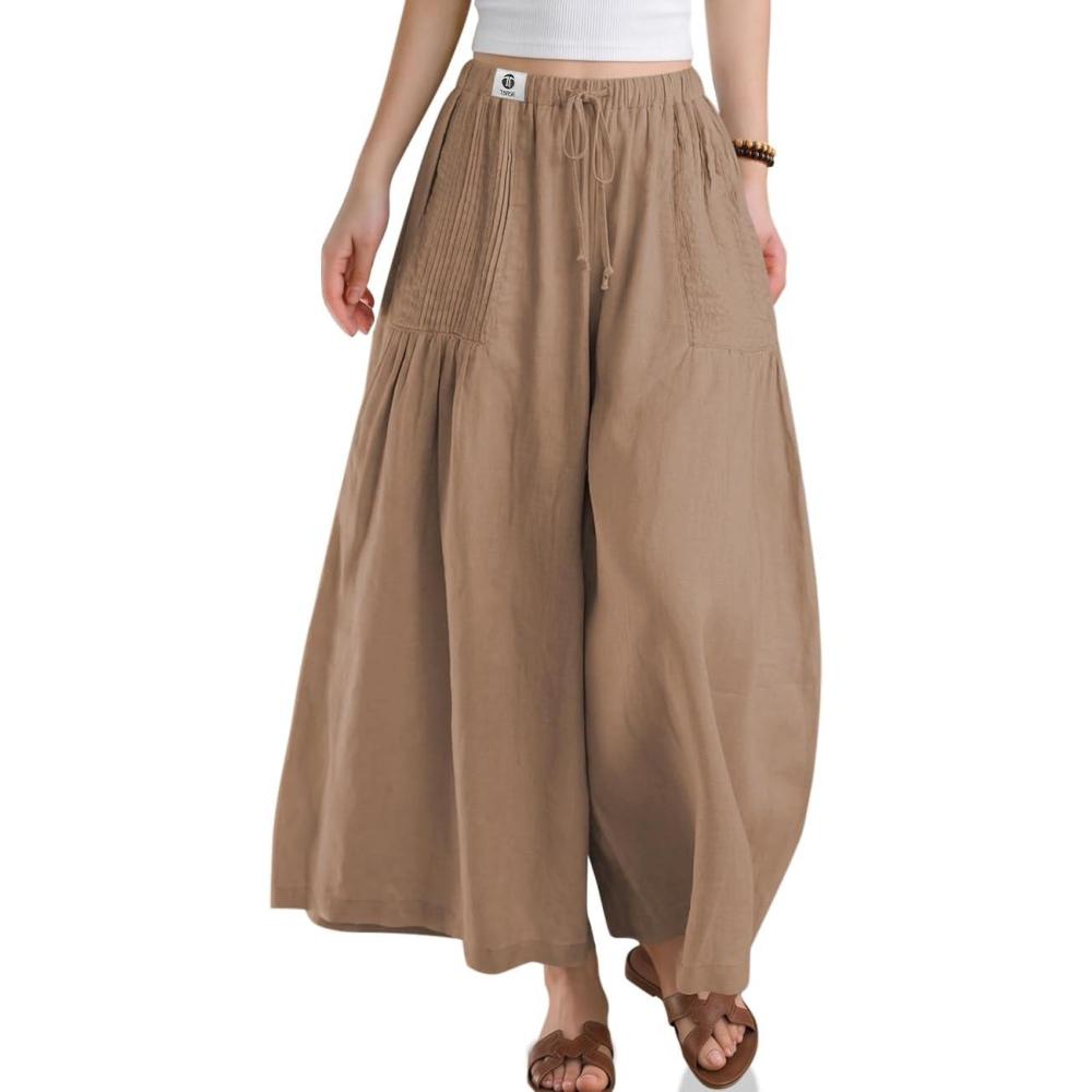image:imageTARSE Womens Linen Wide Leg Cropped Pants Baggy Palazzo Boho Casual Elastic Waist Summer Beach Skirt Pants with PocketsMid Coffee