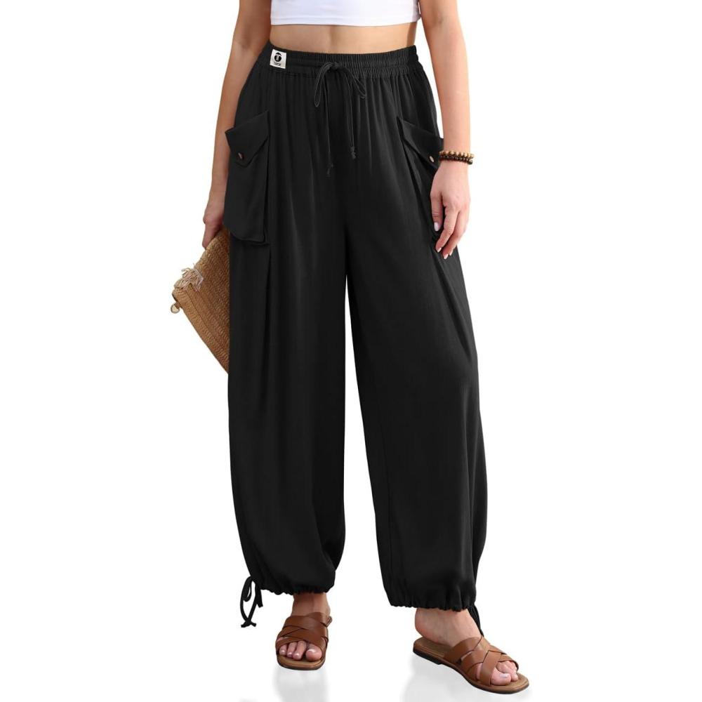 image:imageTARSE Womens Linen Wide Leg Pants Casual Loose Drawstring Palazzo Trousers Beach Boho Summer Travel PantsBlack
