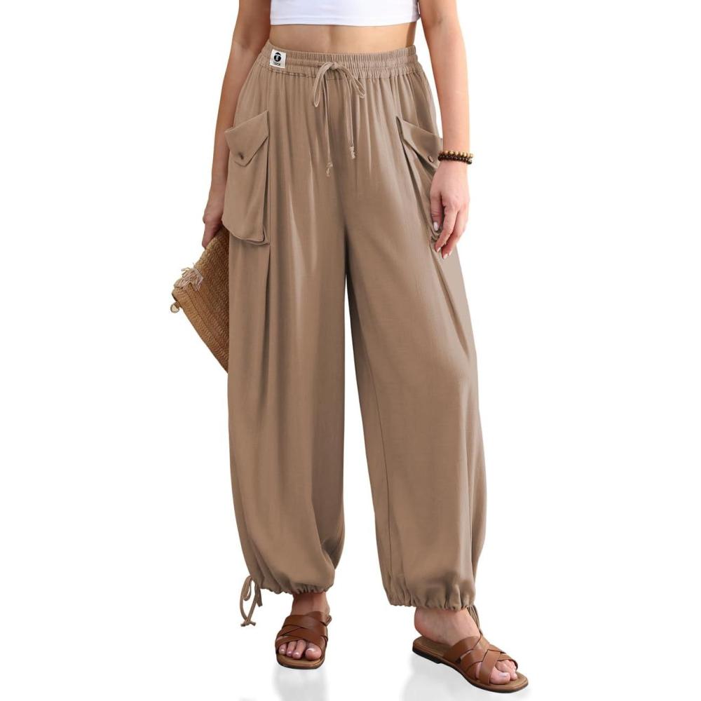 image:imageTARSE Womens Linen Wide Leg Pants Casual Loose Drawstring Palazzo Trousers Beach Boho Summer Travel PantsMidcoffee