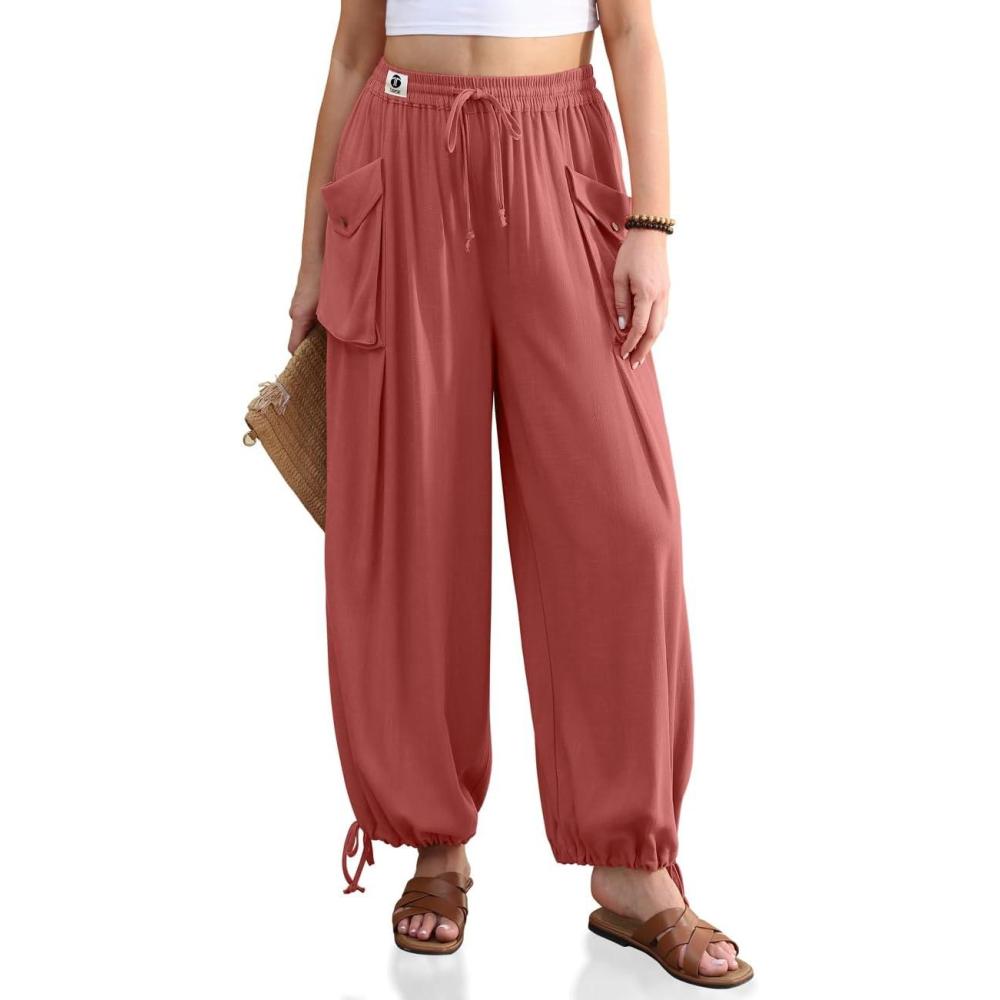 image:imageTARSE Womens Linen Wide Leg Pants Casual Loose Drawstring Palazzo Trousers Beach Boho Summer Travel PantsRustred