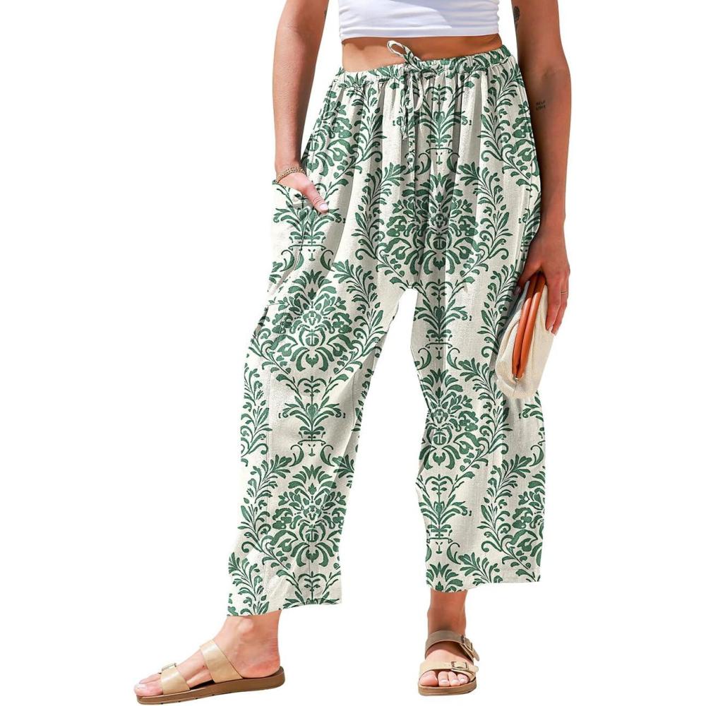 image:imageTARSE Womens Linen Wide Leg Pants Casual Loose Drawstring Summer 2025 Beach Travel Vacation Palazzo Harem Pants with PocketsPalazzo Green