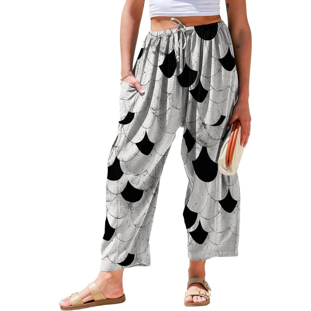 image:imageTARSE Womens Linen Wide Leg Pants Casual Loose Drawstring Summer 2025 Beach Travel Vacation Palazzo Harem Pants with PocketsSnake Scale Black