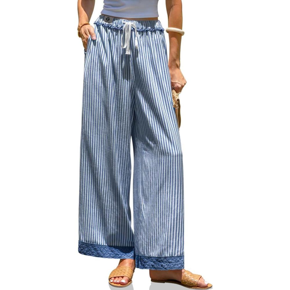 image:imageTARSE Womens Striped Lounge Pants Wide Leg Loose Fit Drawstring Casual Boho Summer Vacation Beach PantsBlue Striped