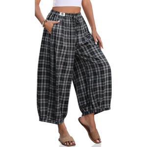 TARSE Women Cotton Linen Wide Leg Pants Plaid Loose Harem Pants Palazzo Casual Boho Summer Capri with Pockets(Black Plaid)