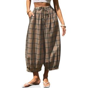 TARSE Women Cotton Linen Wide Leg Pants Plaid Loose Harem Pants Palazzo Casual Boho Summer Capri with Pockets(Khaki Plaid)