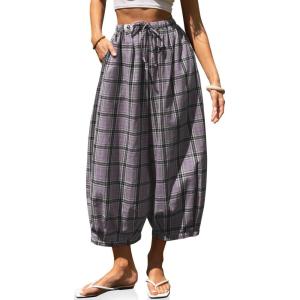 TARSE Women Cotton Linen Wide Leg Pants Plaid Loose Harem Pants Palazzo Casual Boho Summer Capri with Pockets(Light Purple Plaid)