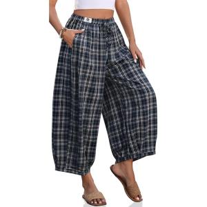TARSE Women Cotton Linen Wide Leg Pants Plaid Loose Harem Pants Palazzo Casual Boho Summer Capri with Pockets(Navy Plaid)