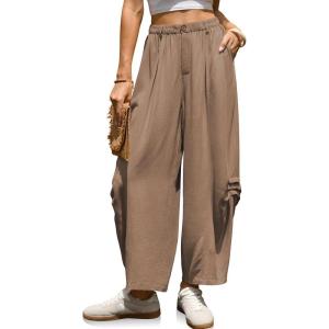 TARSE Women Linen Harem Pants Loose Fit Casual Cropped Pants Boho Summer Vacation Wide Leg Pants with Pocket(Mid Coffee)