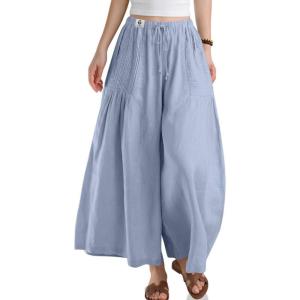 TARSE Womens Linen Wide Leg Cropped Pants Baggy Palazzo Boho Casual Elastic Waist Summer Beach Skirt Pants with Pockets(Light Blue Purple)