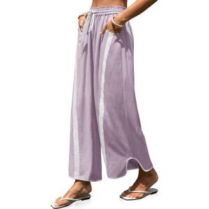 TARSE Womens Linen Wide Leg Pants Baggy Casual Drawstring Elastic Waisted Contrast Color Loose Y2K Pants with Pocket(Light Purple)