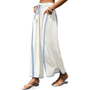 TARSE Womens Linen Wide Leg Pants Baggy Casual Drawstring Elastic Waisted Contrast Color Loose Y2K Pants with Pocket(Milky White)