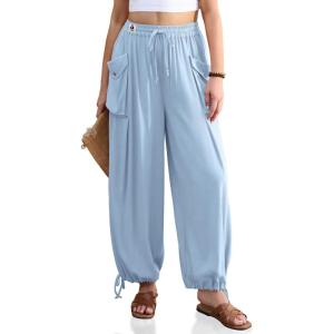 TARSE Womens Linen Wide Leg Pants Casual Loose Drawstring Palazzo Trousers Beach Boho Summer Travel Pants(Aquablue)