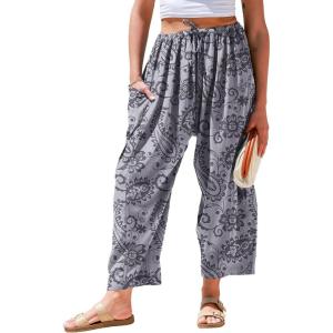 TARSE Womens Linen Wide Leg Pants Casual Loose Drawstring Summer 2025 Beach Travel Vacation Palazzo Harem Pants with Pockets(Paisley Gray)