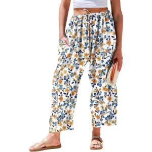 TARSE Womens Linen Wide Leg Pants Casual Loose Drawstring Summer 2025 Beach Travel Vacation Palazzo Harem Pants with Pockets(Small Yellow Mum)
