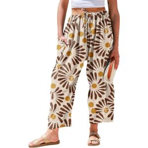 TARSE Womens Linen Wide Leg Pants Casual Loose Drawstring Summer 2025 Beach Travel Vacation Palazzo Harem Pants with Pockets(Sun Floral)
