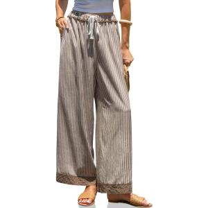 TARSE Womens Striped Lounge Pants Wide Leg Loose Fit Drawstring Casual Boho Summer Vacation Beach Pants(Coffee White Striped)