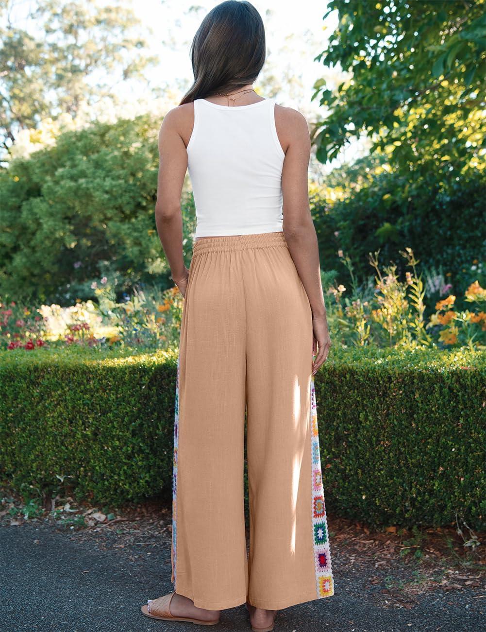 image:imageTARSE Womens Wide Leg Linen Pants Summer Casual Drawstring Loose Lounge Palazzo Crochet Panel Pant with PocketLight Coffee