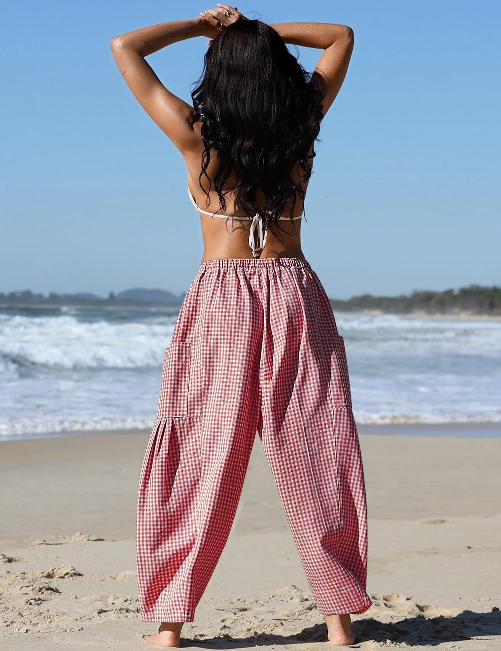 image:imageTARSE Womens Wide Leg Striped Plaid Pants Casual Barrel Loose Drawstring Low Waist Palazzo Harem Pants with PocketsRed White Plaid