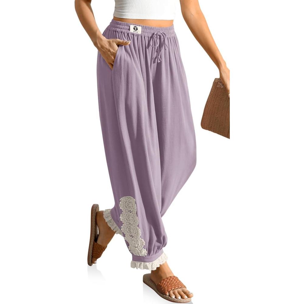 image:imageTARSE Womens Linen Harem Pants Boho Loose with Lace Trim Casual Vintage Lantern Summer Travel Cropped PantsLight Purple
