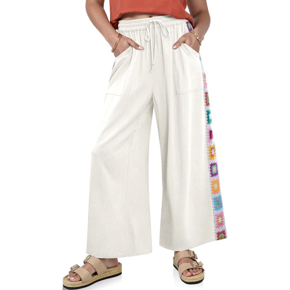 image:imageTARSE Womens Wide Leg Linen Pants Summer Casual Drawstring Loose Lounge Palazzo Crochet Panel Pant with PocketMilky White