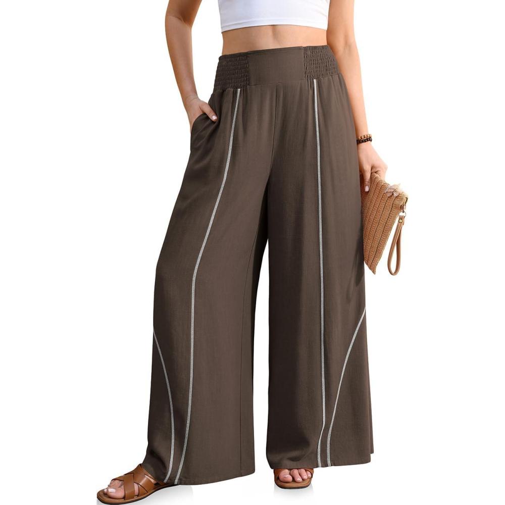 image:imageTARSE Womens Wide Leg Linen Pants Summer Casual High Waisted Lightweight Flowy Palazzo Pants with PocketDark Coffee