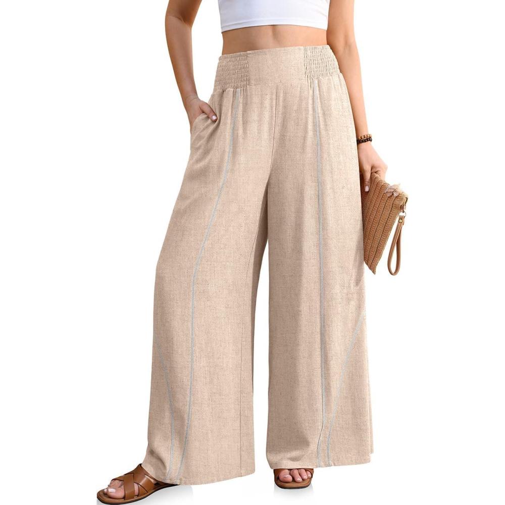 image:imageTARSE Womens Wide Leg Linen Pants Summer Casual High Waisted Lightweight Flowy Palazzo Pants with PocketHeather Light Khaki
