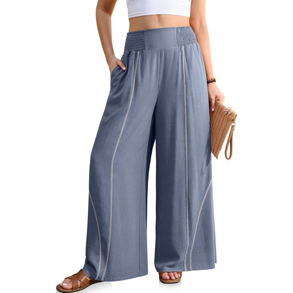 image:imageTARSE Womens Wide Leg Linen Pants Summer Casual High Waisted Lightweight Flowy Palazzo Pants with PocketPurple Blue