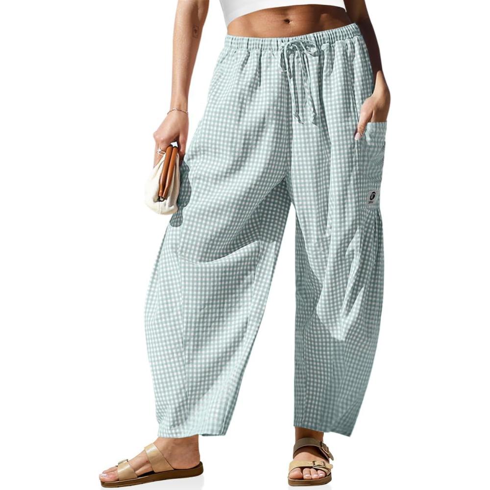 image:imageTARSE Womens Wide Leg Striped Plaid Pants Casual Barrel Loose Drawstring Low Waist Palazzo Harem Pants with PocketsLight Gray Blue Plaid
