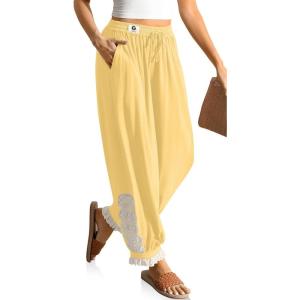 TARSE Women’s Linen Harem Pants Boho Loose with Lace Trim Casual Vintage Lantern Summer Travel Cropped Pants(Creamy Yellow)