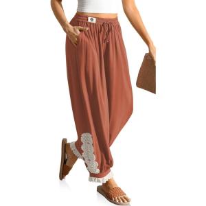 TARSE Women’s Linen Harem Pants Boho Loose with Lace Trim Casual Vintage Lantern Summer Travel Cropped Pants(Rust)