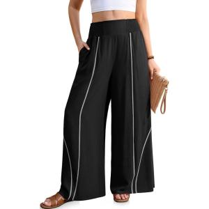 TARSE Womens Wide Leg Linen Pants Summer Casual High Waisted Lightweight Flowy Palazzo Pants with Pocket(Black)