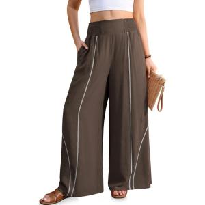 TARSE Womens Wide Leg Linen Pants Summer Casual High Waisted Lightweight Flowy Palazzo Pants with Pocket(Dark Coffee)