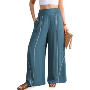 TARSE Womens Wide Leg Linen Pants Summer Casual High Waisted Lightweight Flowy Palazzo Pants with Pocket(Lake Blue)