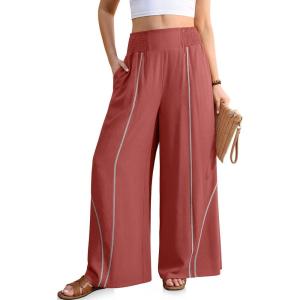 TARSE Womens Wide Leg Linen Pants Summer Casual High Waisted Lightweight Flowy Palazzo Pants with Pocket(Rust Red)