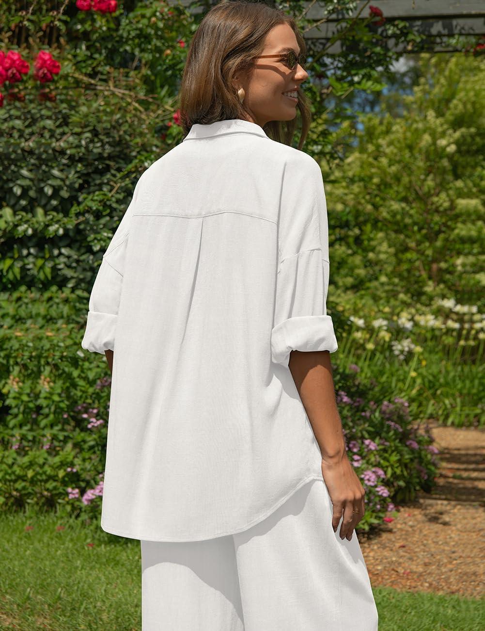 image:imageTARSE Womens Linen 2 Piece Outfits Casual Lounge Sets Long Sleeve Button Down Shirts Wide Leg Pants Vacation SetWhite