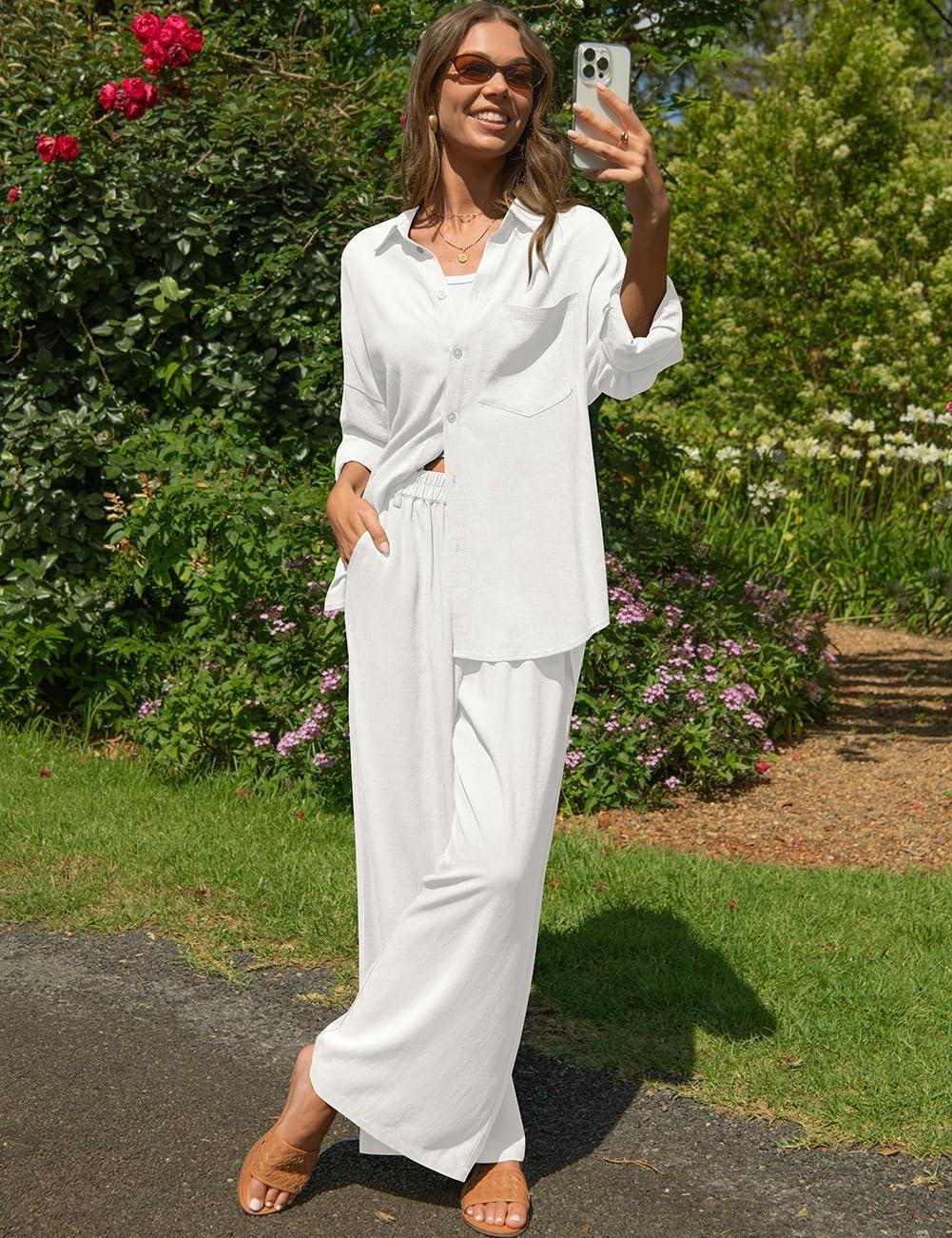 image:imageTARSE Womens Linen 2 Piece Outfits Casual Lounge Sets Long Sleeve Button Down Shirts Wide Leg Pants Vacation SetWhite