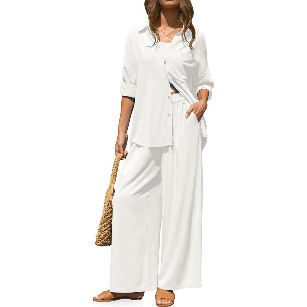 image:imageTARSE Womens Linen 2 Piece Outfits Casual Lounge Sets Long Sleeve Button Down Shirts Wide Leg Pants Vacation SetWhite