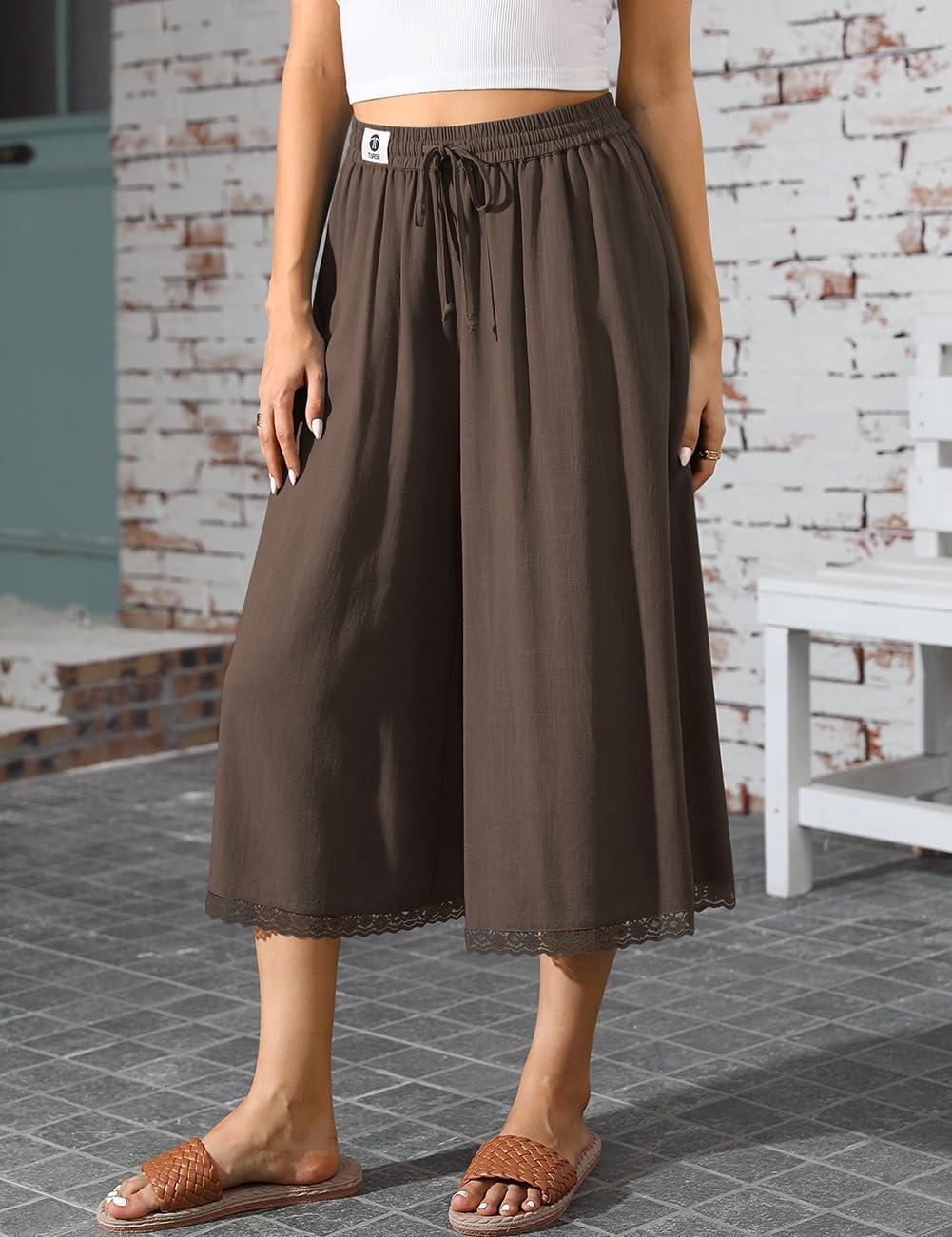 image:imageTARSE Womens Linen Culottes Wide Leg Flowy Capri Pants Palazzo Casual Drawstring Summer Loose Lace Capris with PocketsDark Coffee