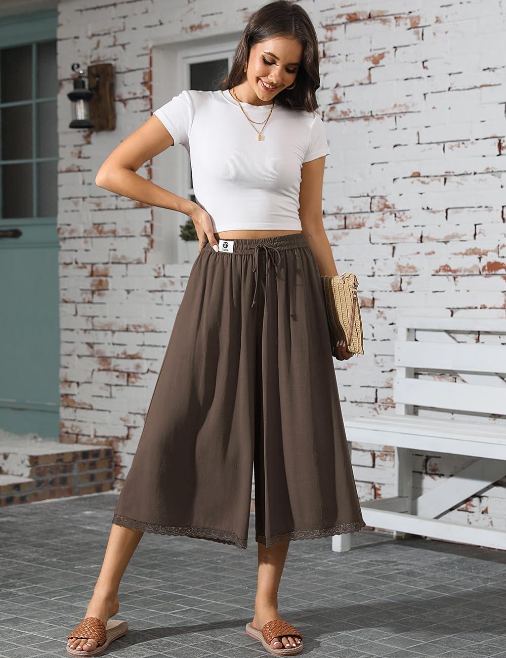 image:imageTARSE Womens Linen Culottes Wide Leg Flowy Capri Pants Palazzo Casual Drawstring Summer Loose Lace Capris with PocketsDark Coffee