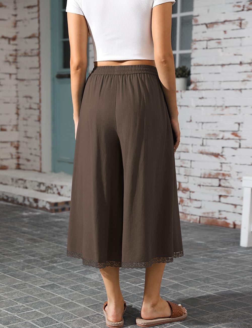 image:imageTARSE Womens Linen Culottes Wide Leg Flowy Capri Pants Palazzo Casual Drawstring Summer Loose Lace Capris with PocketsDark Coffee