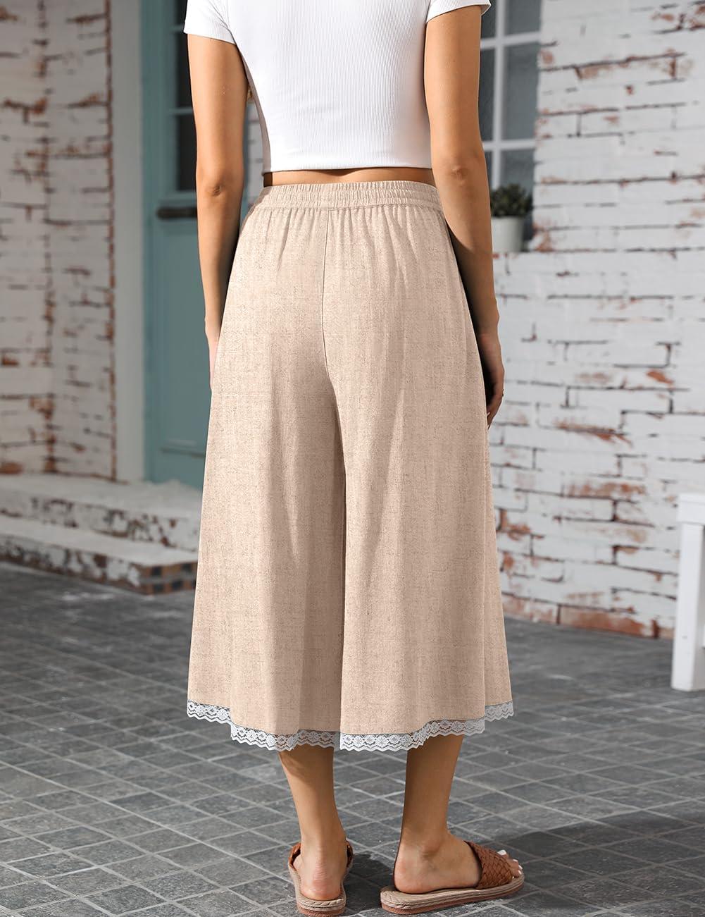 image:imageTARSE Womens Linen Culottes Wide Leg Flowy Capri Pants Palazzo Casual Drawstring Summer Loose Lace Capris with PocketsHeather Light Khaki