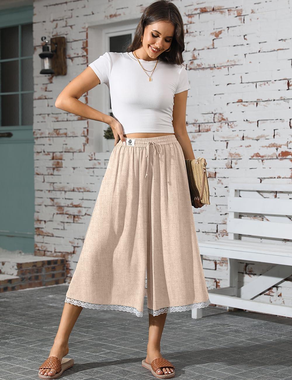 image:imageTARSE Womens Linen Culottes Wide Leg Flowy Capri Pants Palazzo Casual Drawstring Summer Loose Lace Capris with PocketsHeather Light Khaki