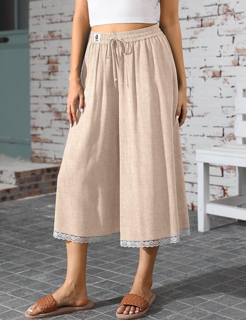 image:imageTARSE Womens Linen Culottes Wide Leg Flowy Capri Pants Palazzo Casual Drawstring Summer Loose Lace Capris with PocketsHeather Light Khaki
