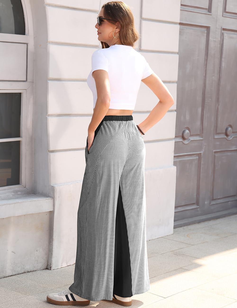 image:imageTARSE Womens Linen Wide Leg Pants Striped Drawstring Elastic Waist Loose Fit Summer Boho Casual Trendy Pants with PocketsBlack
