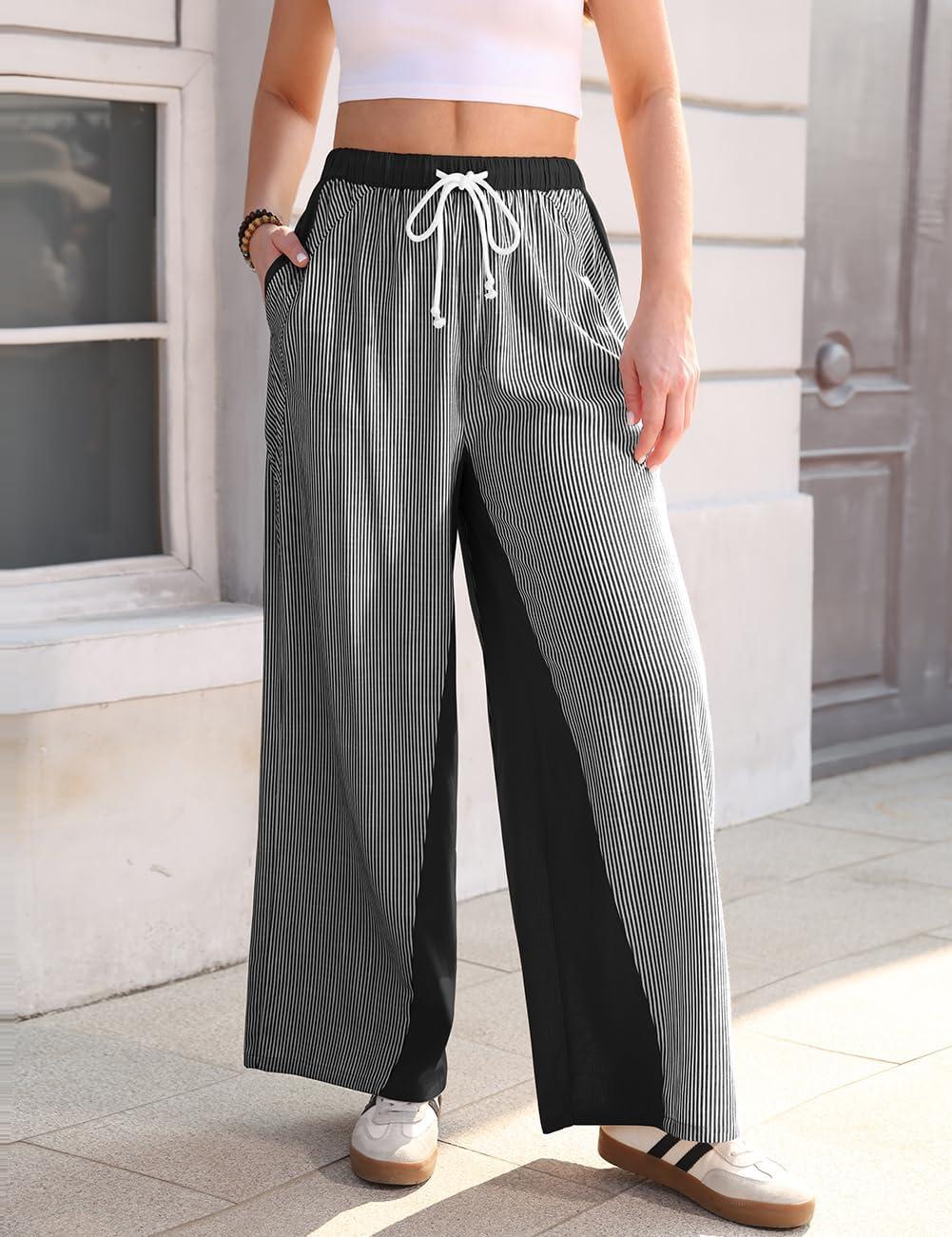 image:imageTARSE Womens Linen Wide Leg Pants Striped Drawstring Elastic Waist Loose Fit Summer Boho Casual Trendy Pants with PocketsBlack