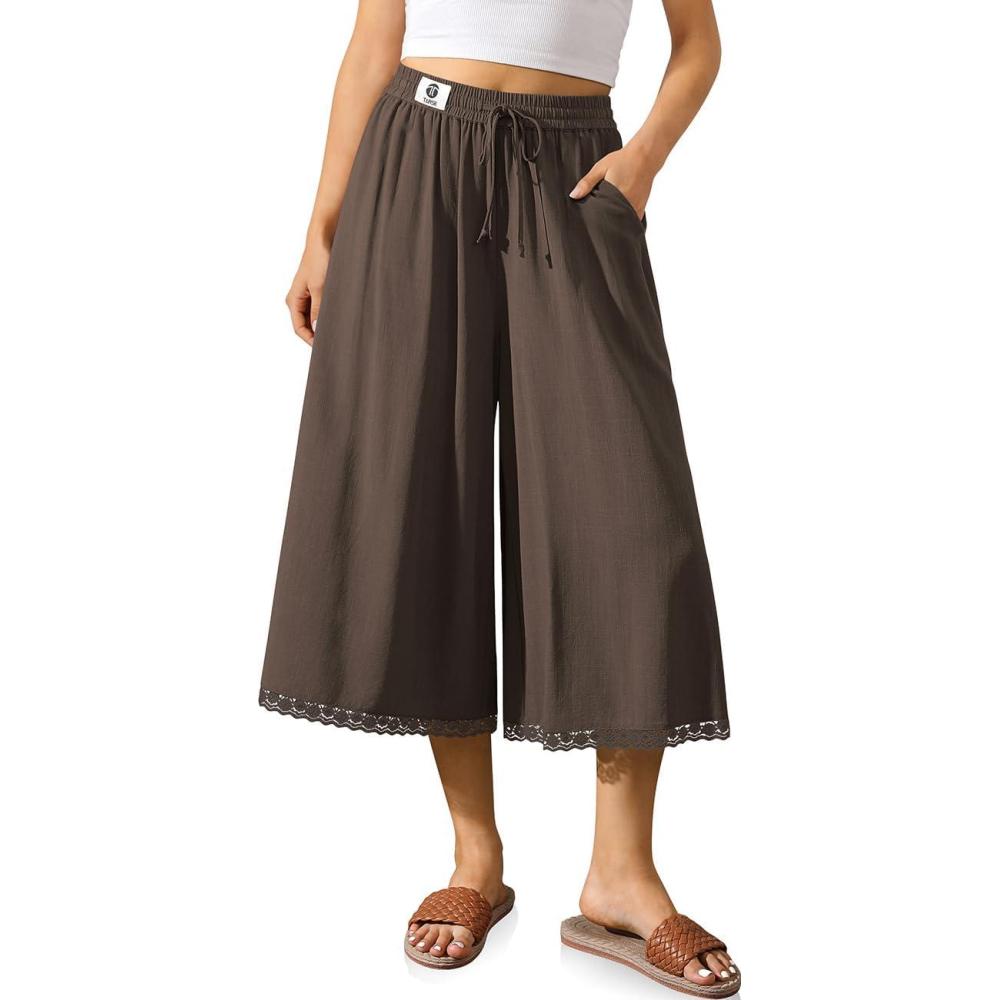 image:imageTARSE Womens Linen Culottes Wide Leg Flowy Capri Pants Palazzo Casual Drawstring Summer Loose Lace Capris with PocketsDark Coffee