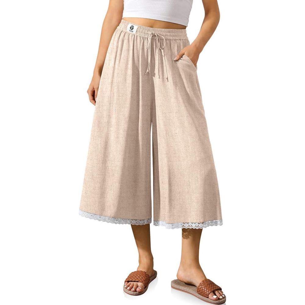 image:imageTARSE Womens Linen Culottes Wide Leg Flowy Capri Pants Palazzo Casual Drawstring Summer Loose Lace Capris with PocketsHeather Light Khaki
