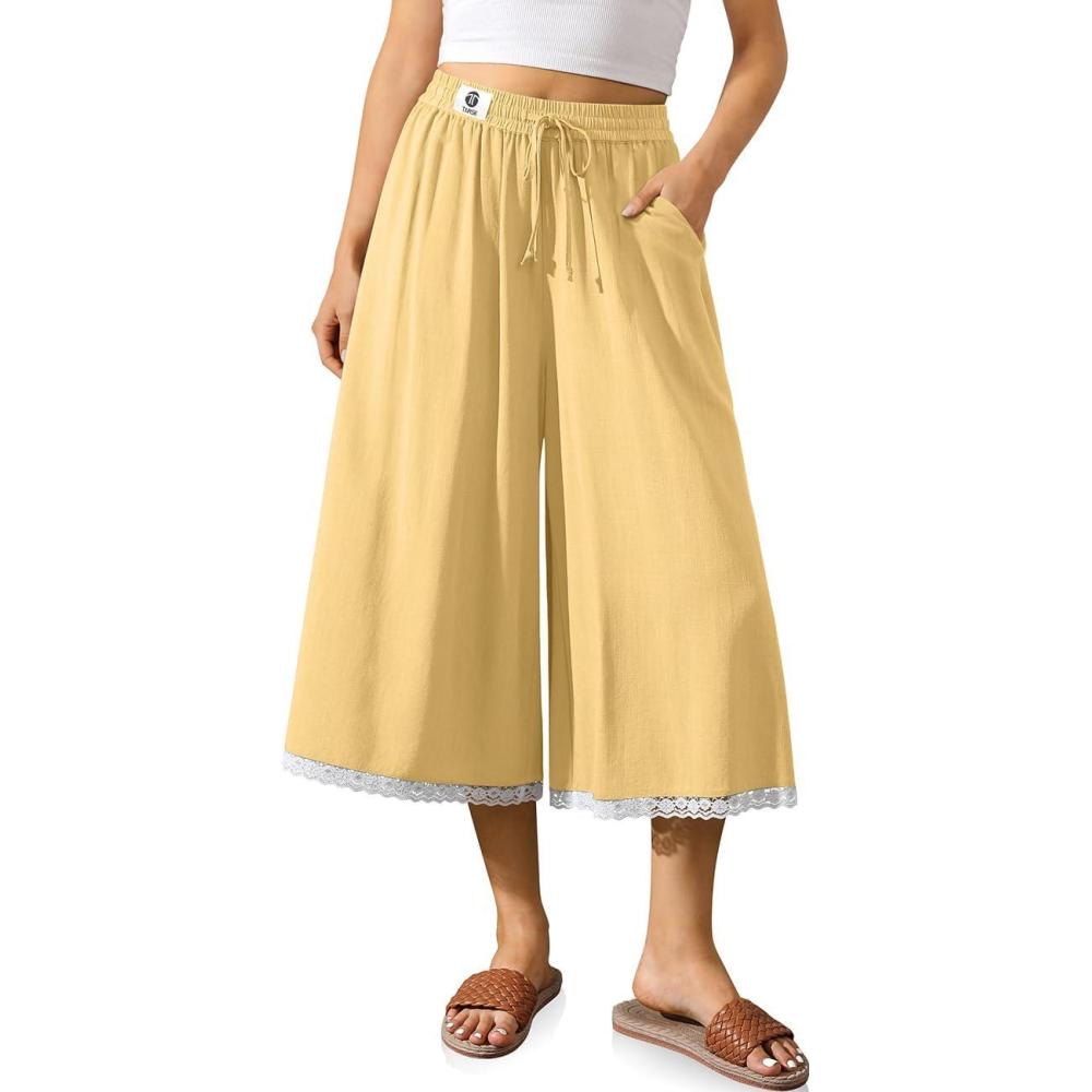 image:imageTARSE Womens Linen Culottes Wide Leg Flowy Capri Pants Palazzo Casual Drawstring Summer Loose Lace Capris with PocketsRust Yellow