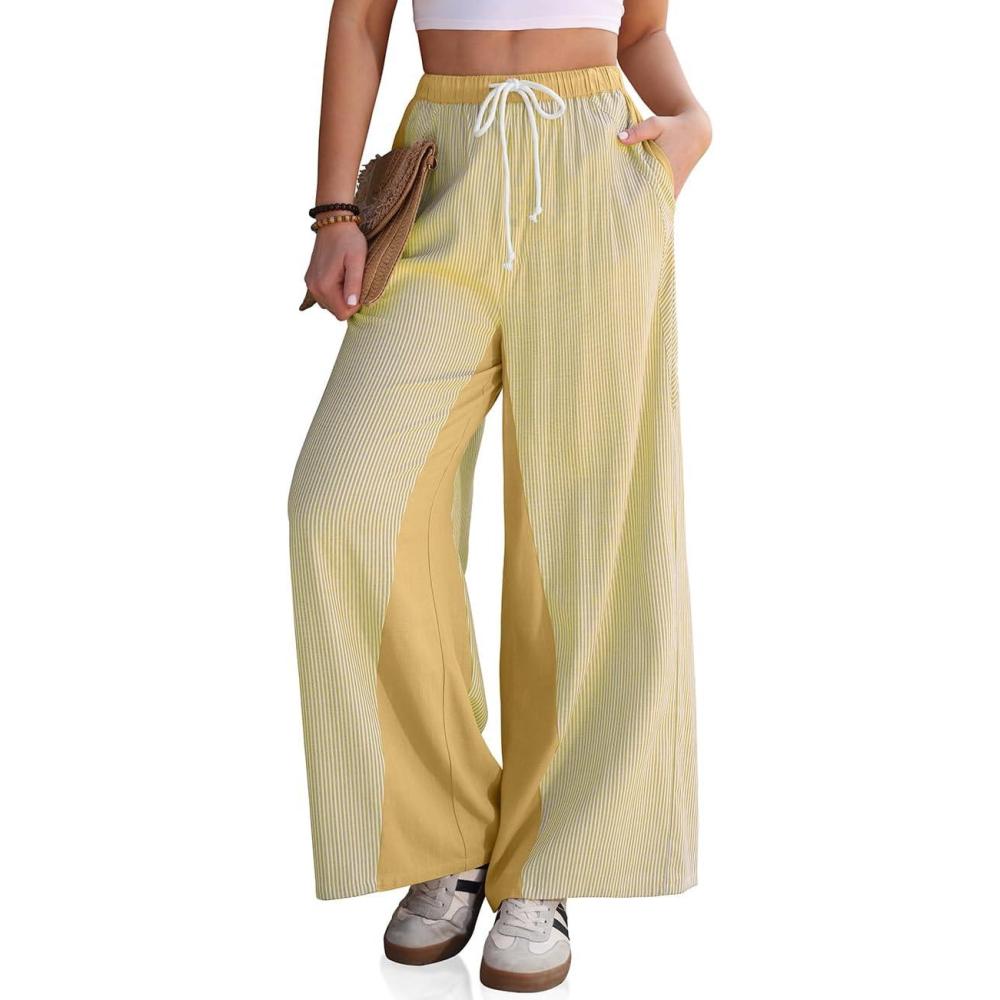 image:imageTARSE Womens Linen Wide Leg Pants Striped Drawstring Elastic Waist Loose Fit Summer Boho Casual Trendy Pants with PocketsRust Yellow